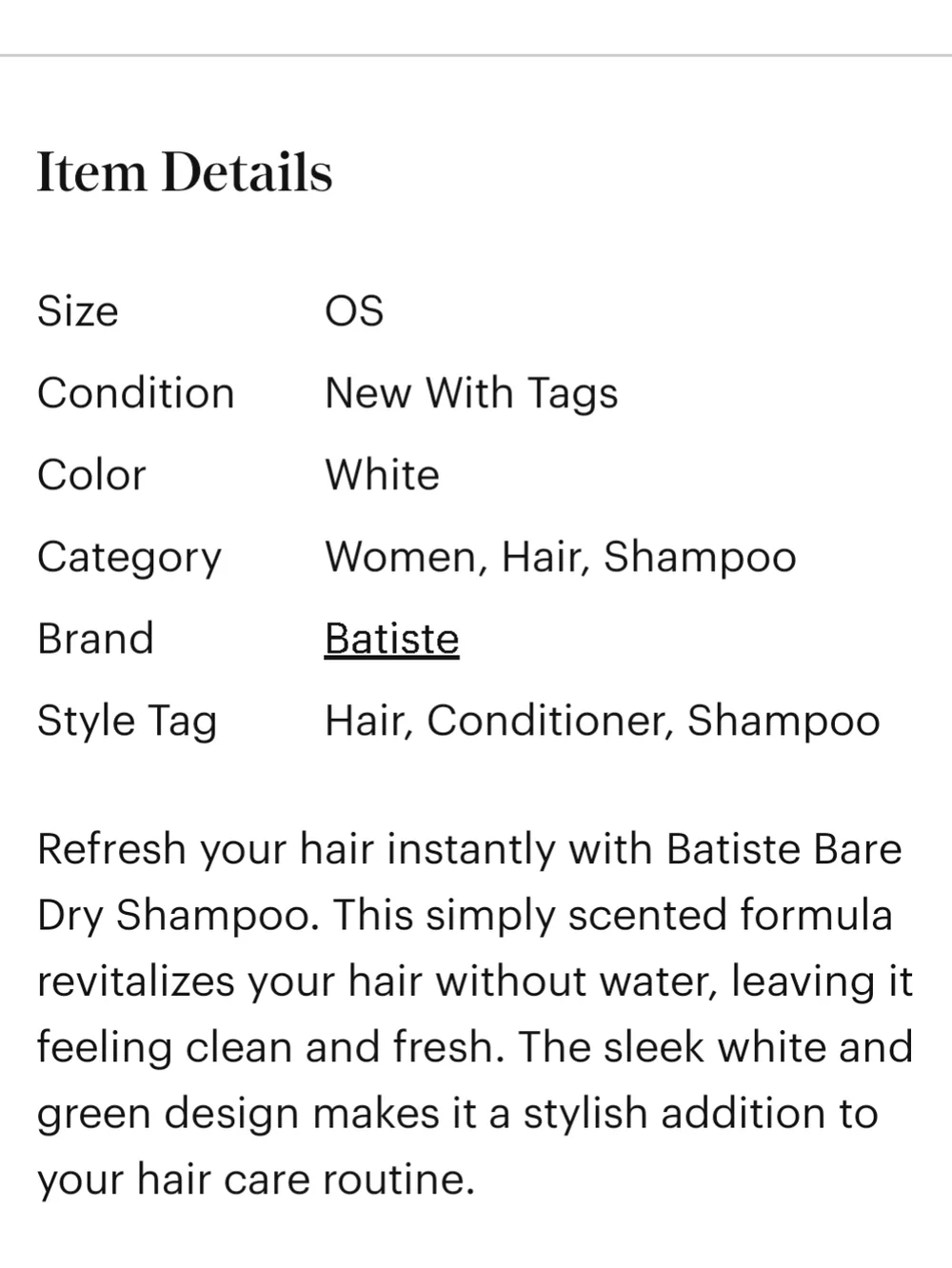 Batiste Bare Dry Shampoo Simply Scented Net Wt 3.81 Oz NEW